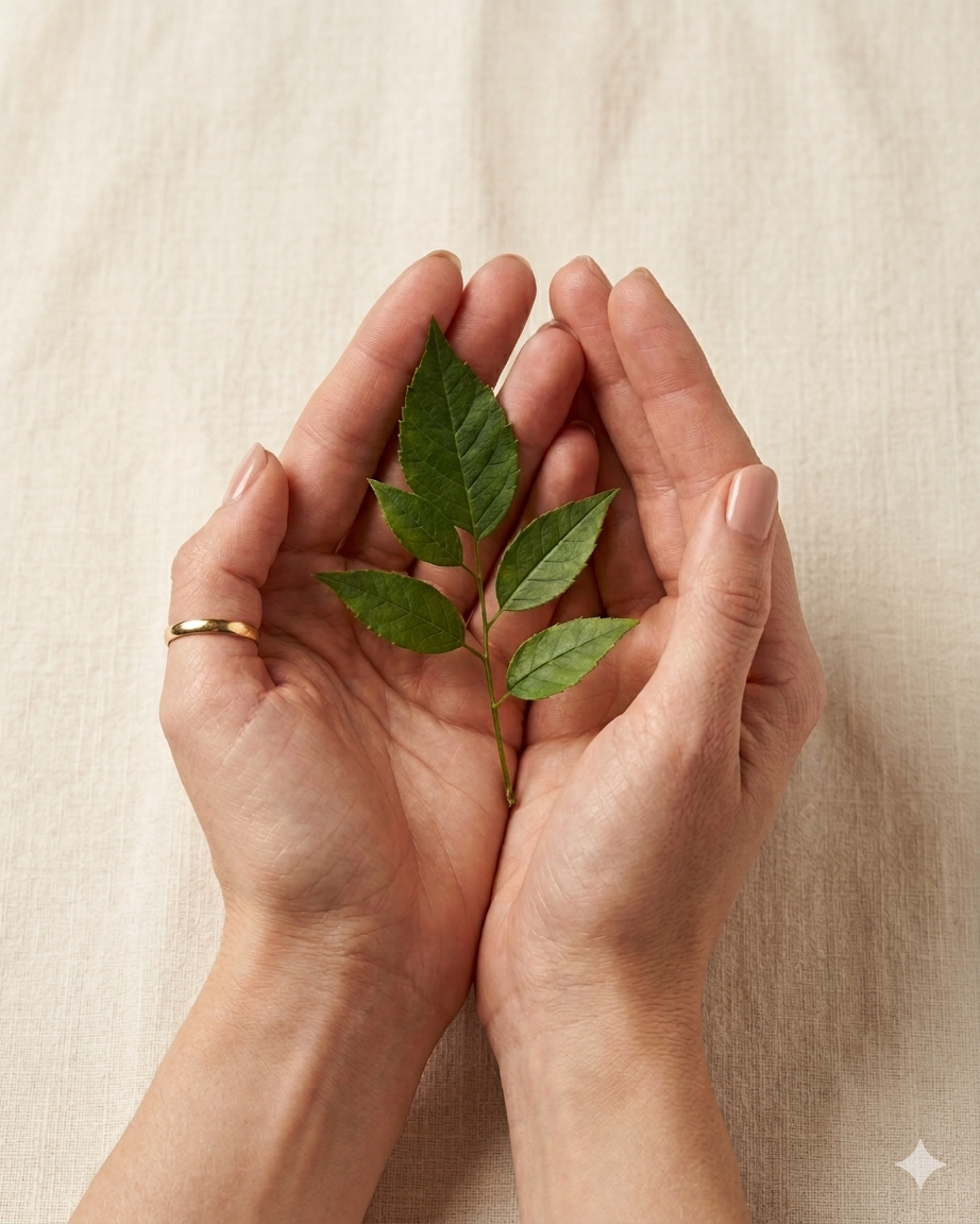 Hands gently cradling a small green leaf